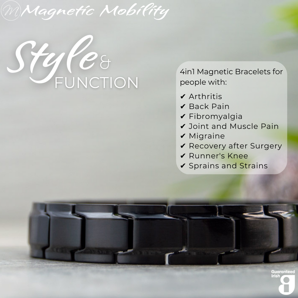 Alexanders Night 4in1 magnetic bracelet from Magnetic Mobility, showcasing a stylish black design. Perfect for relieving arthritis, back pain, fibromyalgia, and other muscle-related ailments. Combines style and function.