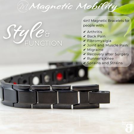 Close-up of Alexanders Night 4in1 magnetic bracelet by Magnetic Mobility, highlighting the black design and embedded therapeutic elements. Provides relief for arthritis, back pain, fibromyalgia, and joint and muscle pain.