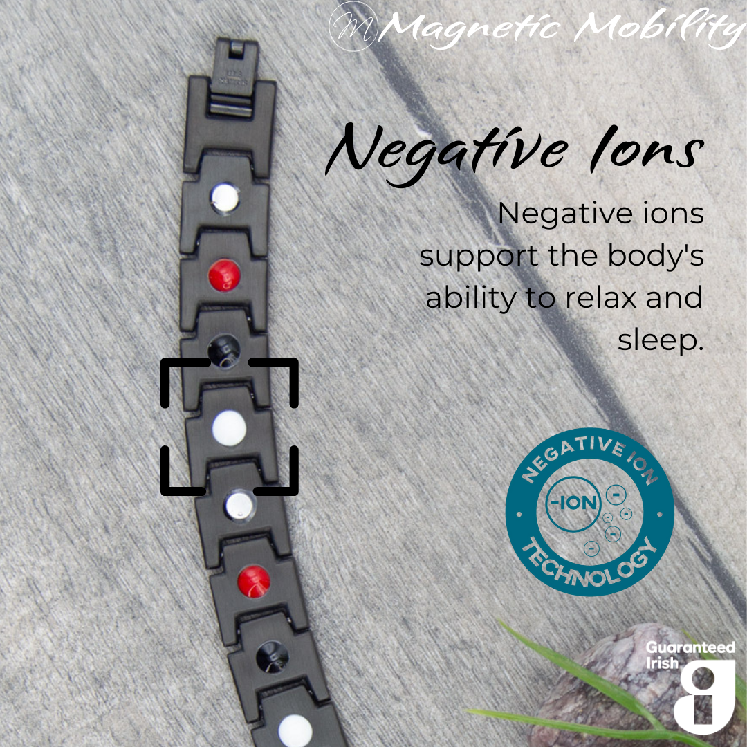 Alexanders Night 4in1 magnetic bracelet by Magnetic Mobility, highlighting the negative ions feature which supports the body's ability to relax and sleep. Ideal for reducing stress and promoting better health.