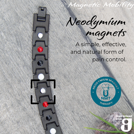 Alexanders Night 4in1 magnetic bracelet from Magnetic Mobility, highlighting neodymium magnets which offer a simple, effective, and natural form of pain control. Perfect for alleviating arthritis, back pain, fibromyalgia, and more.