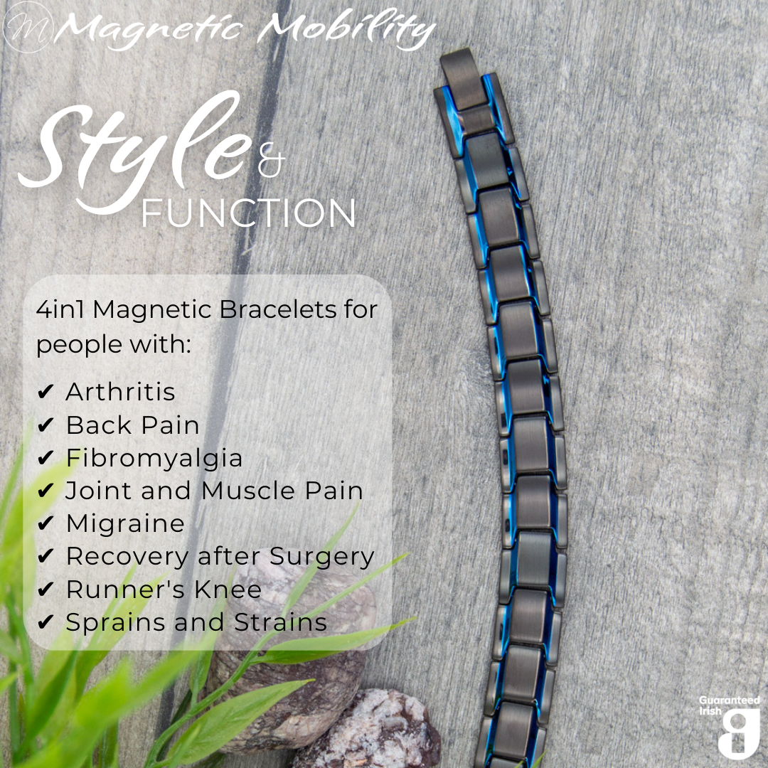 Stylish Alexanders Sky 4in1 Magnetic Bracelet showcasing blue accents and pain relief technology - Magnetic Mobility