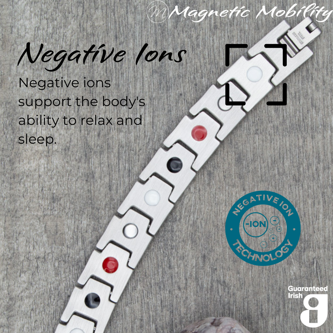 Alexanders Star 4in1 magnetic bracelet by Magnetic Mobility, highlighting the negative ions feature which supports the body's ability to relax and sleep. Ideal for reducing stress and promoting better health.