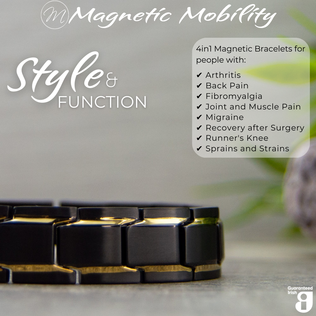 Close-up of Alexanders Twilight 4in1 magnetic bracelet by Magnetic Mobility, showcasing black and gold design with therapeutic benefits for arthritis and muscle pain