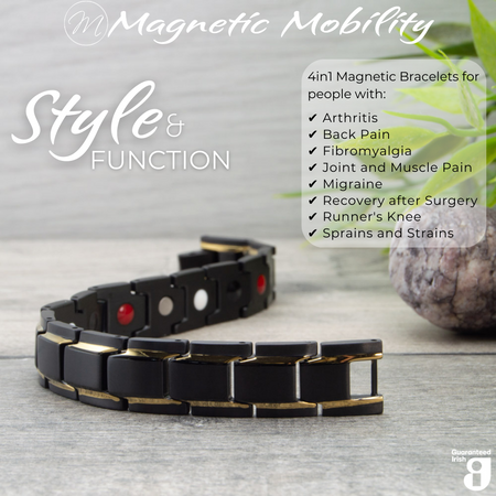 Alexanders Twilight 4in1 magnetic bracelet, black with gold highlights, from Magnetic Mobility, offering pain relief for arthritis, fibromyalgia, and more