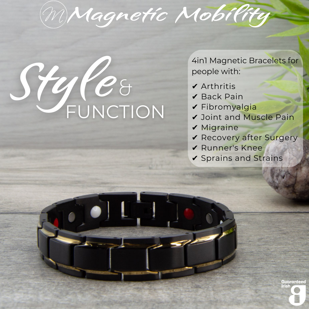 Detailed view of Alexanders Twilight 4in1 magnetic bracelet by Magnetic Mobility, featuring black and gold links, effective for joint and muscle pain relief