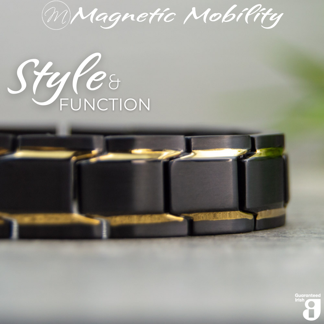 Alexanders Twilight 4in1 magnetic bracelet with black and gold elements, from Magnetic Mobility, designed to alleviate arthritis and back pain