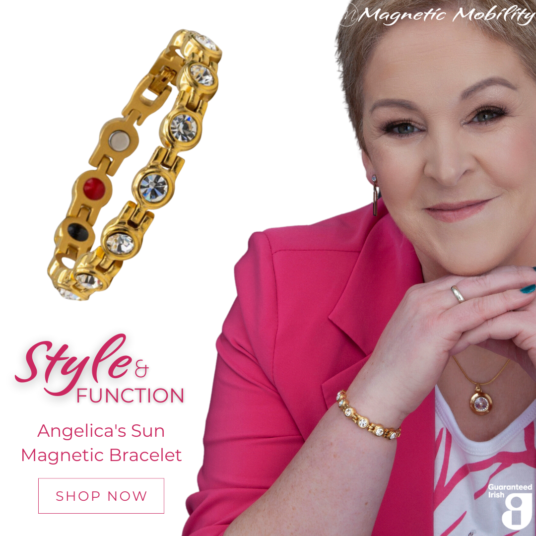 Angelica's Sun 4in1 Magnetic Bracelet from Magnetic Mobility featuring Swarovski crystals on the front and 4in1 elements on the back. The image shows a woman wearing the gold bracelet, highlighting its style and function. Text on image: 'Style & Function, Angelica's Sun Magnetic Bracelet, Shop Now'. The bracelet includes neodymium magnets, FIR elements, germanium, and negative ions. Guaranteed Irish quality