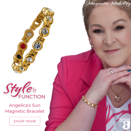 Angelica's Sun 4in1 Magnetic Bracelet from Magnetic Mobility featuring Swarovski crystals on the front and 4in1 elements on the back. The image shows a woman wearing the gold bracelet, highlighting its style and function. Text on image: 'Style & Function, Angelica's Sun Magnetic Bracelet, Shop Now'. The bracelet includes neodymium magnets, FIR elements, germanium, and negative ions. Guaranteed Irish quality