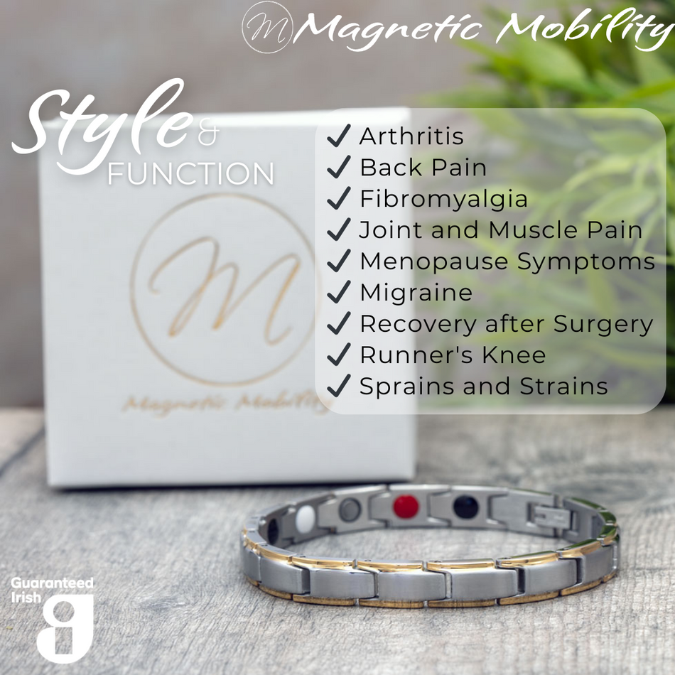 Close-up of Apia Moon 4in1 Magnetic Bracelet from Magnetic Mobility, emphasizing silver gold links. Text on image: 'Designed for people with Arthritis, Back Pain, Fibromyalgia, Joint and Muscle Pain, Menopause Symptoms, Migraine, Recovery after Surgery, Runner's Knee, Sprains and Strains.' Promotes style and function with Guaranteed Irish quality.