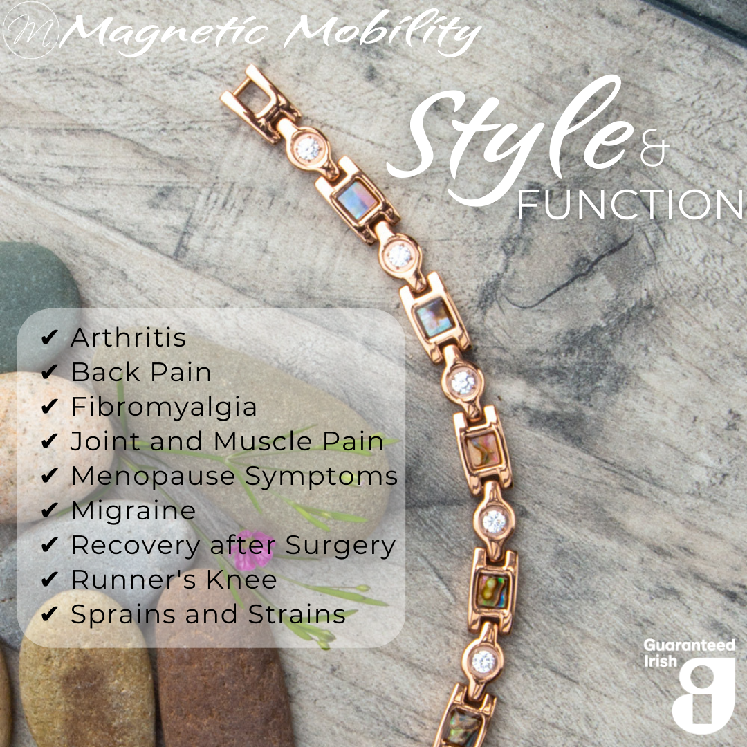 Avens Dawn 4in1 magnetic bracelet by Magnetic Mobility, promoting arthritis, back pain, fibromyalgia relief with a stylish rose gold design.