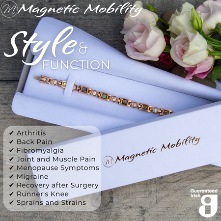 Elegant Avens Dawn 4in1 magnetic bracelet in a gift box, designed for arthritis, back pain, fibromyalgia relief by Magnetic Mobility.