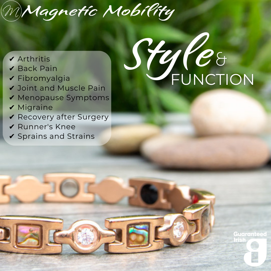 Close-up of Avens Dawn 4in1 magnetic bracelet by Magnetic Mobility, showcasing its stylish design and health benefits for joint and muscle pain.