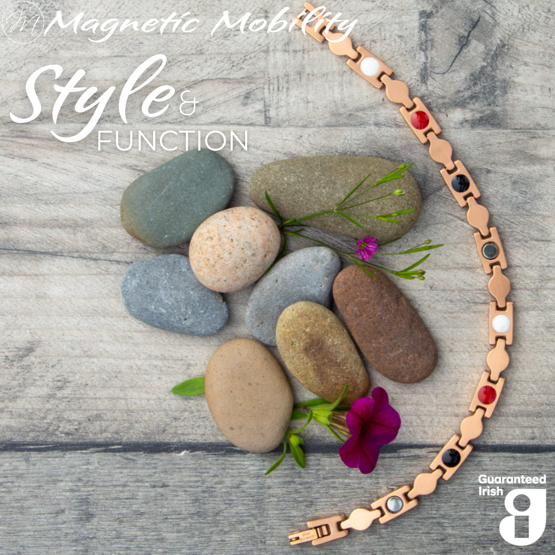 Avens Dawn 4in1 magnetic bracelet from Magnetic Mobility, displayed with natural stones, emphasizing style and functionality.