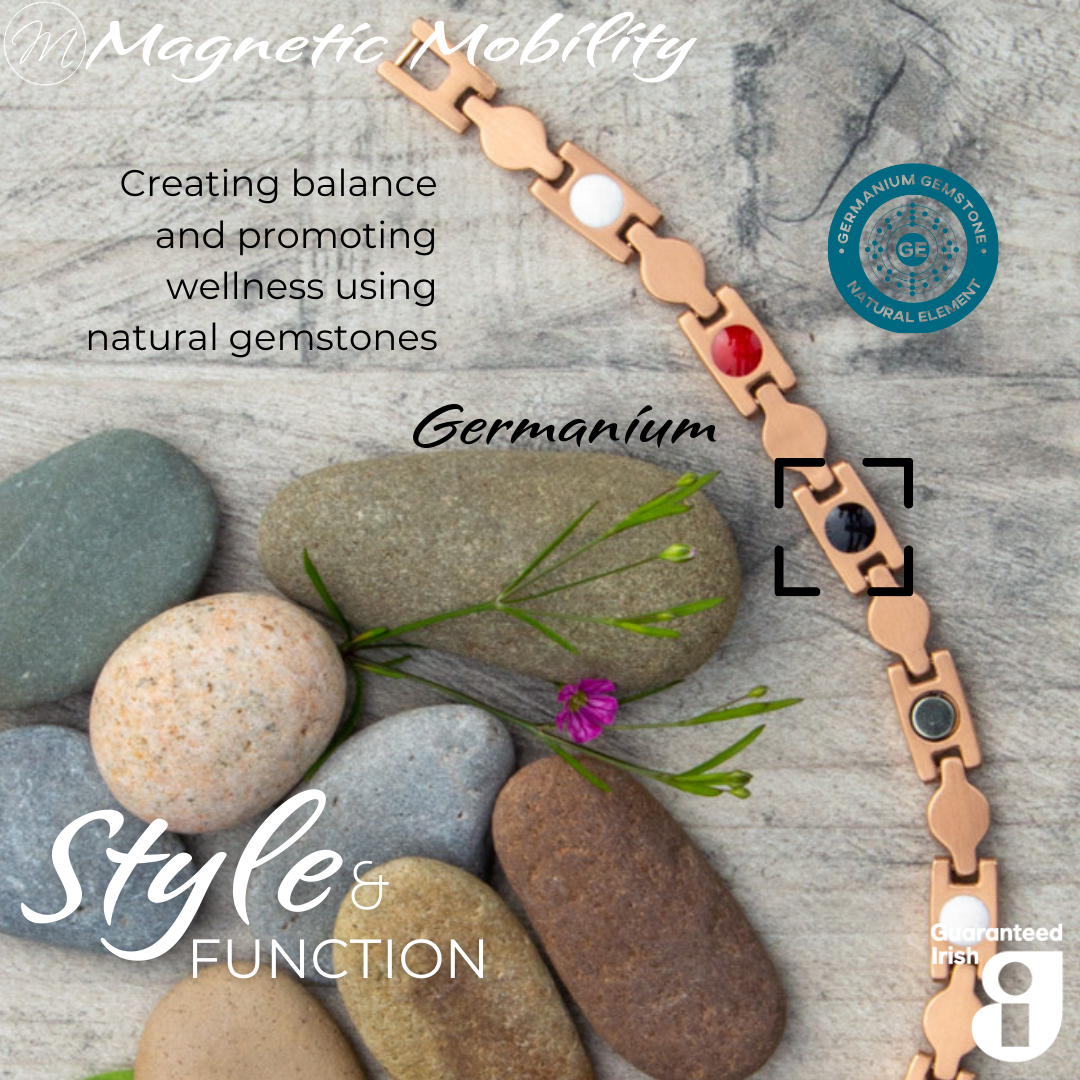 Germanium gemstone feature of Avens Dawn 4in1 magnetic bracelet by Magnetic Mobility, promoting wellness and balance.