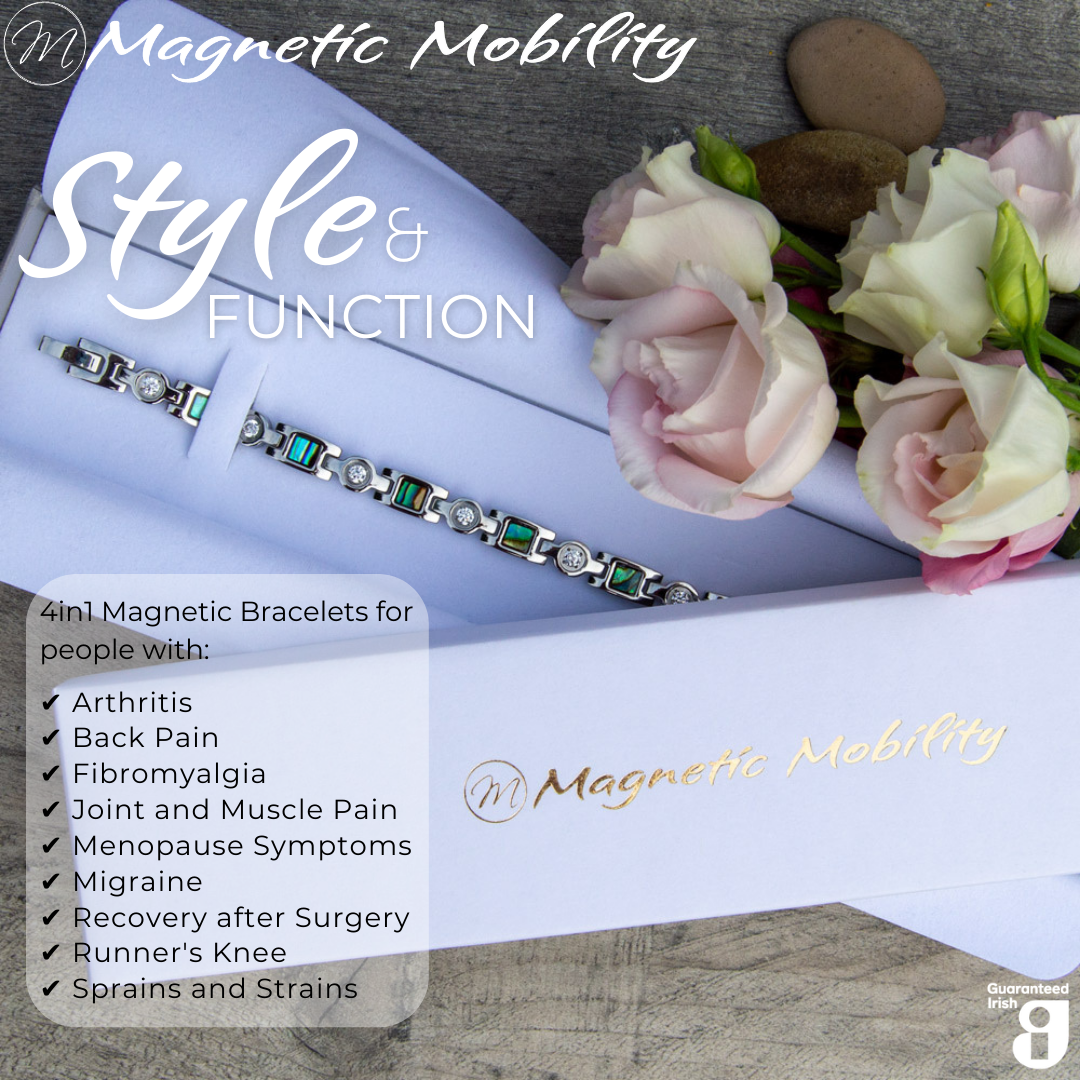 Avens Star 4in1 magnetic bracelet by Magnetic Mobility, packaged elegantly with flowers. Features neodymium magnets, FIR elements, germanium, and negative ions. Designed to relieve arthritis, back pain, fibromyalgia, joint and muscle pain, menopause symptoms, migraine, recovery after surgery, runner's knee, sprains and strains