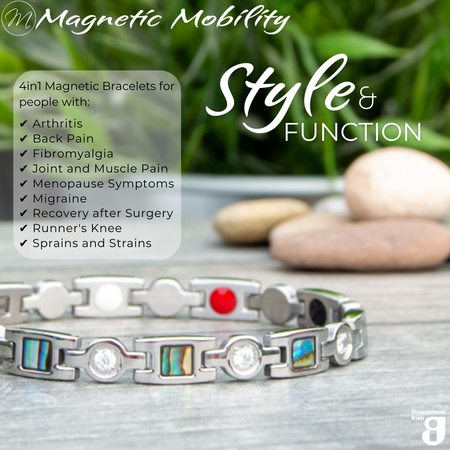 Avens Star 4in1 magnetic bracelet from Magnetic Mobility on display with rocks and grass background. Promotes style and function with neodymium magnets, FIR elements, germanium, and negative ions. Alleviates arthritis, back pain, fibromyalgia, joint and muscle pain, menopause symptoms, migraine, recovery after surgery, runner's knee, sprains and strains.