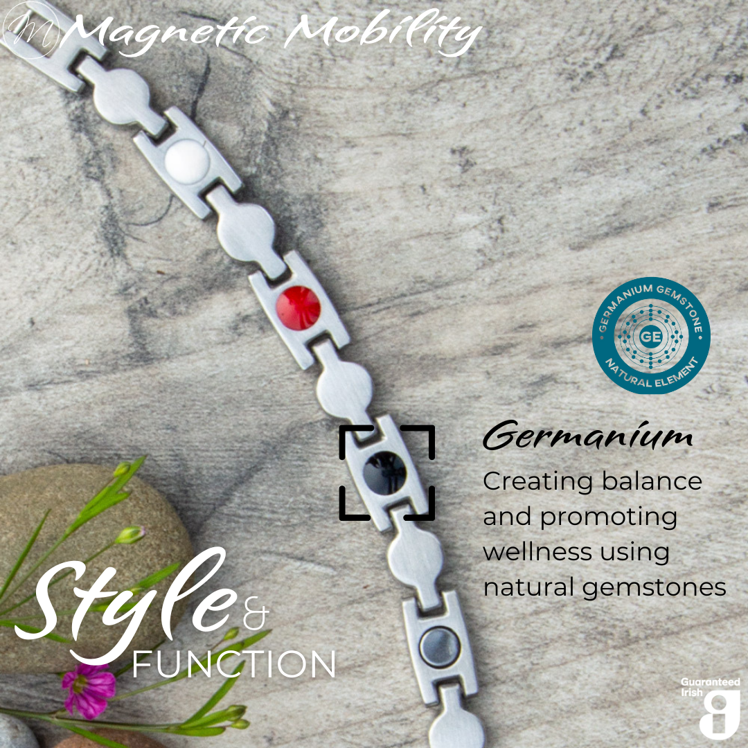 Detailed view of Avens Star 4in1 magnetic bracelet by Magnetic Mobility, showcasing germanium elements. Promotes balance and wellness using natural gemstones. Effective for arthritis, back pain, fibromyalgia, joint and muscle pain, menopause symptoms, migraine, recovery after surgery, runner's knee, sprains and strains.