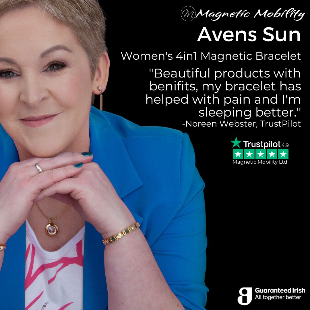 Avens Sun 4in1 magnetic bracelet by Magnetic Mobility, promoting arthritis, back pain, fibromyalgia relief with a stylish gold design.