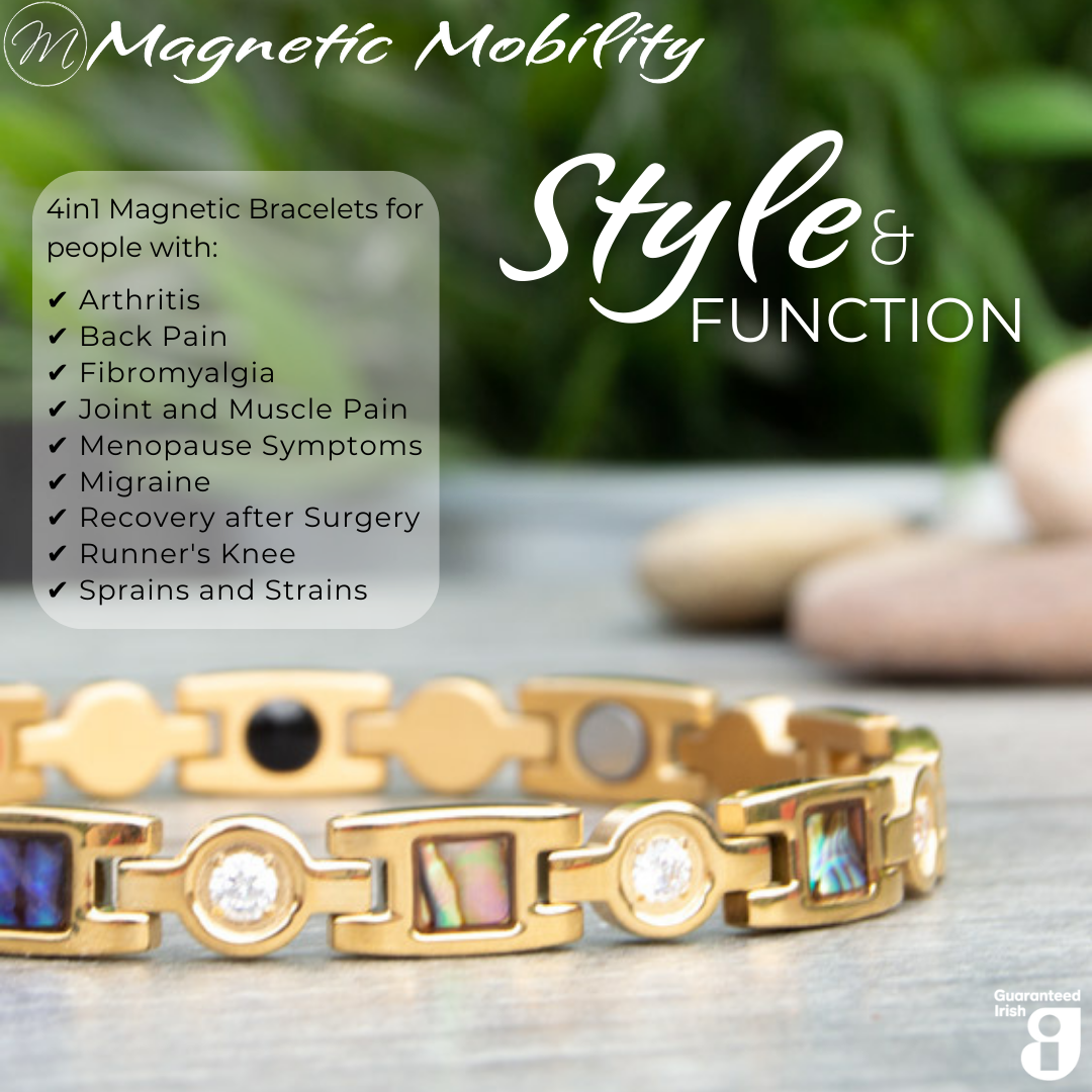 Avens Sun 4in1 Magnetic Bracelet from Magnetic Mobility on a women's wrist with a 5 star customer review from Trustpilot reading " Beautiful products, my bracelet has helped with pain and I'm sleeping better". 