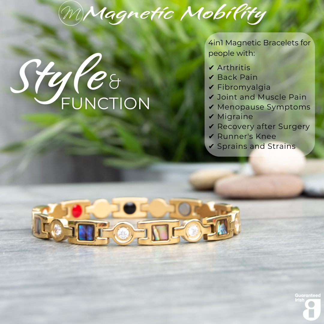 4in1 magnetic bracelet Avens Sun by Magnetic Mobility, featuring a sleek gold design with embedded abalone and crystal accents.The bracelet is designed for people with arthritis, back pain, fibromyalgia, joint and muscle pain, menopause symptoms, migraine and more.