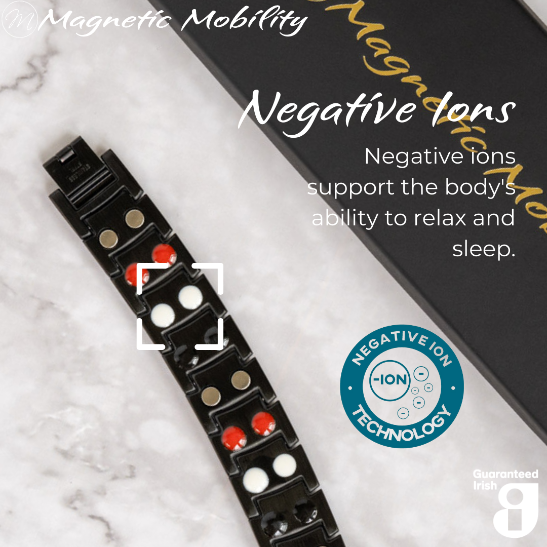 Ashe Night Double strength 4in1 magnetic bracelet by Magnetic Mobility, highlighting the negative ions feature which supports the body's ability to relax and sleep. Ideal for reducing stress and promoting better health.