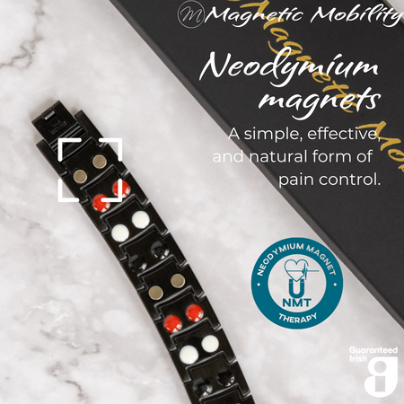 Ashe Night Double strength 4in1 magnetic bracelet from Magnetic Mobility, highlighting neodymium magnets which offer a simple, effective, and natural form of pain control. Perfect for alleviating arthritis, back pain, fibromyalgia, and more.