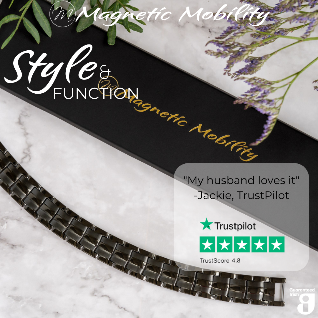 Top view of the Ashe Night Double Strength 4in1 Magnetic Bracelet from Magnetic Mobility with a Customer review from Trustpilot stating "My husband loves it". 