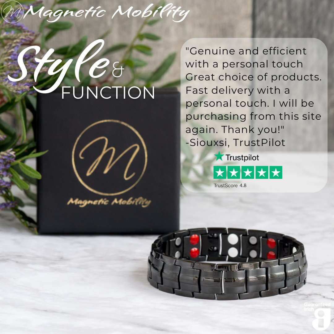 Front view of the Ashe Night Double Strength 4in1 Magnetic Bracelet from Magnetic Mobility with a 5 star Customer review from Trustpilot stating "Genuine and efficient with a personal touch"  