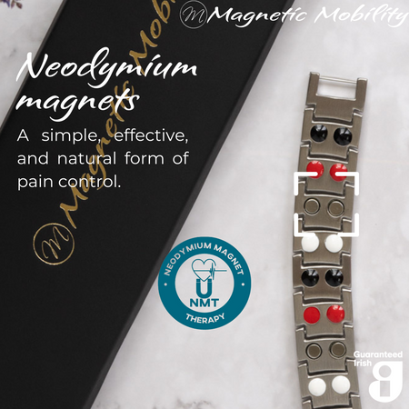 Ashe Star Double strength 4in1 magnetic bracelet from Magnetic Mobility, highlighting neodymium magnets which offer a simple, effective, and natural form of pain control. Perfect for alleviating arthritis, back pain, fibromyalgia, and more.