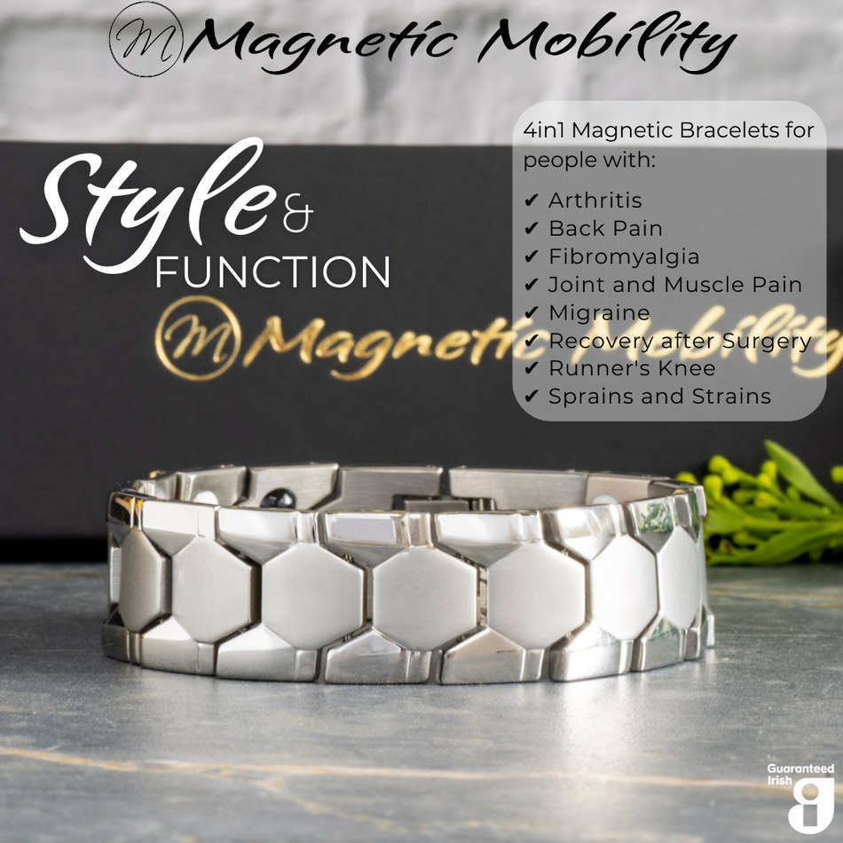 Front view of the Aster Star Double strength 4in1 magnetic bracelet by Magnetic Mobility, promoting arthritis, back pain, fibromyalgia relief with a stylish black design. The bracelet is shown in front of its luxury Black gift box.