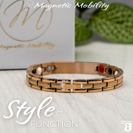 Back view of the Honesty Dawn 4in1 Magnetic Bracelet from Magnetic Mobility in rose gold finish. The view shows the strong clasp on the link bracelet. 