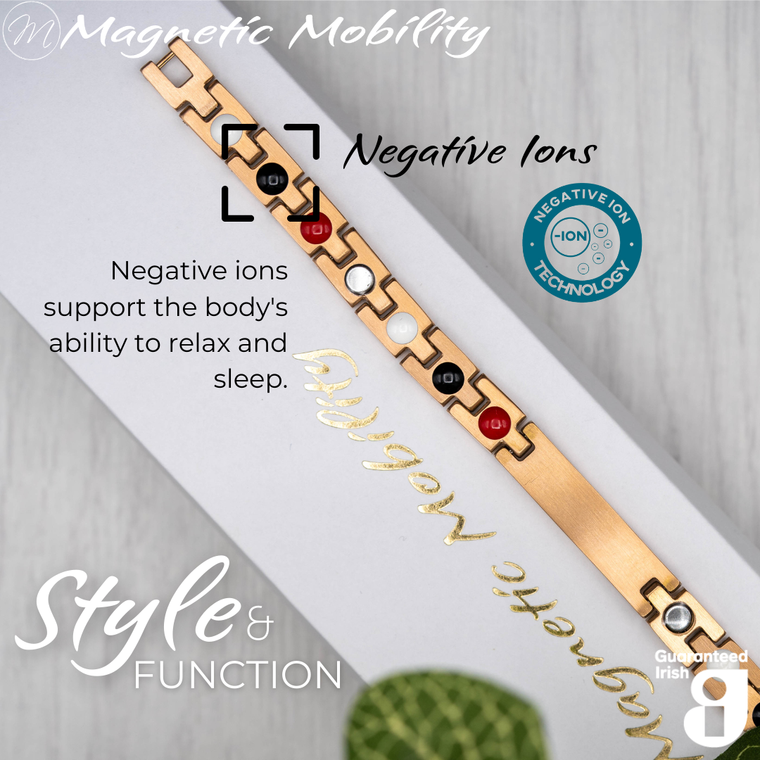 Honesty Dawn 4in1 magnetic bracelet by Magnetic Mobility, highlighting the negative ions feature which supports the body's ability to relax and sleep. Ideal for reducing stress and promoting better health.