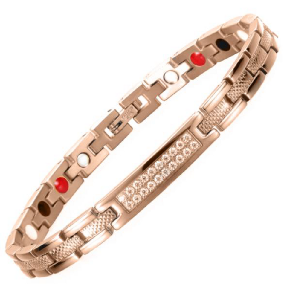 Honesty Dawn 4in1 Magnetic Bracelet from Magnetic Mobility in rose gold finish. Features a central panel with sparkling crystals and includes Neodymium Magnets, FIR elements, Germanium, and Negative Ions for therapeutic benefits. Stylish design with embedded therapeutic elements.