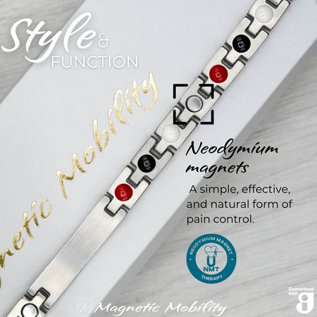 Honesty Star 4in1 magnetic bracelet from Magnetic Mobility, highlighting neodymium magnets which offer a simple, effective, and natural form of pain control. Perfect for alleviating arthritis, back pain, fibromyalgia, and more.