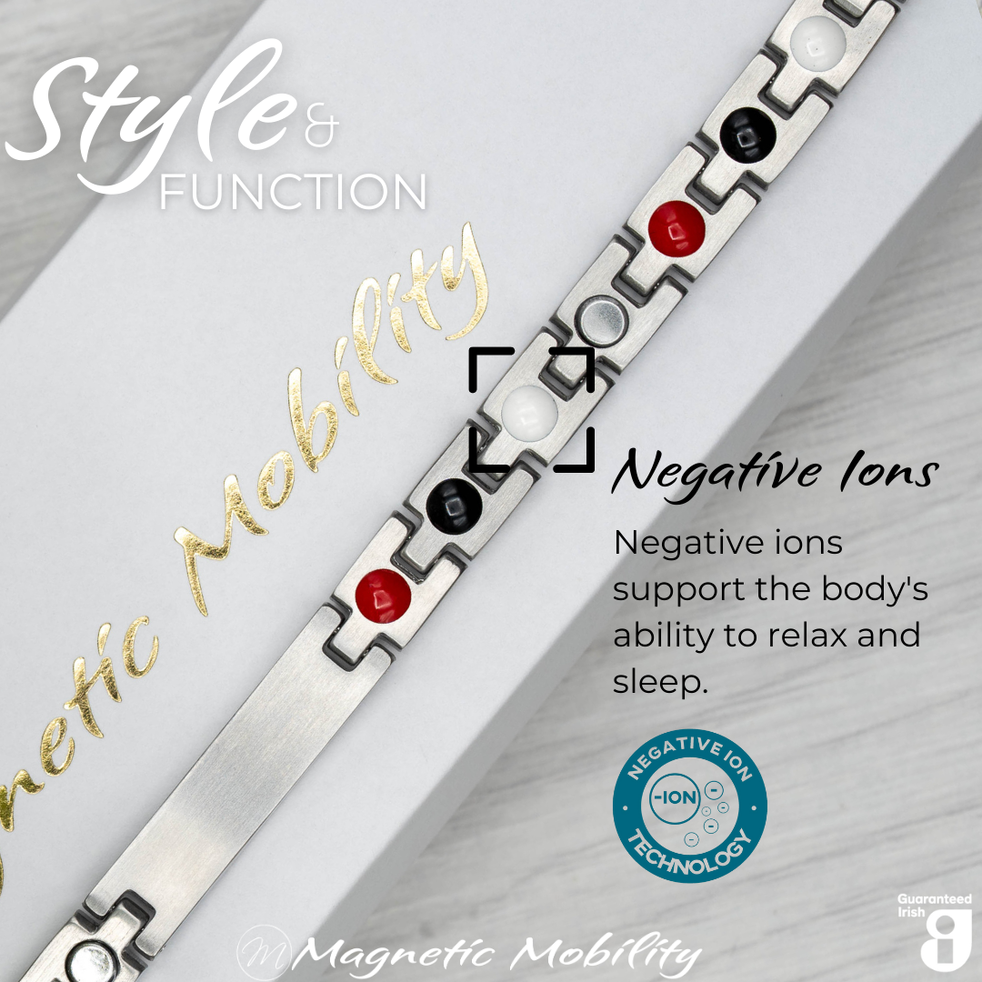 Honesty Star 4in1 magnetic bracelet by Magnetic Mobility, highlighting the negative ions feature which supports the body's ability to relax and sleep. Ideal for reducing stress and promoting better health.