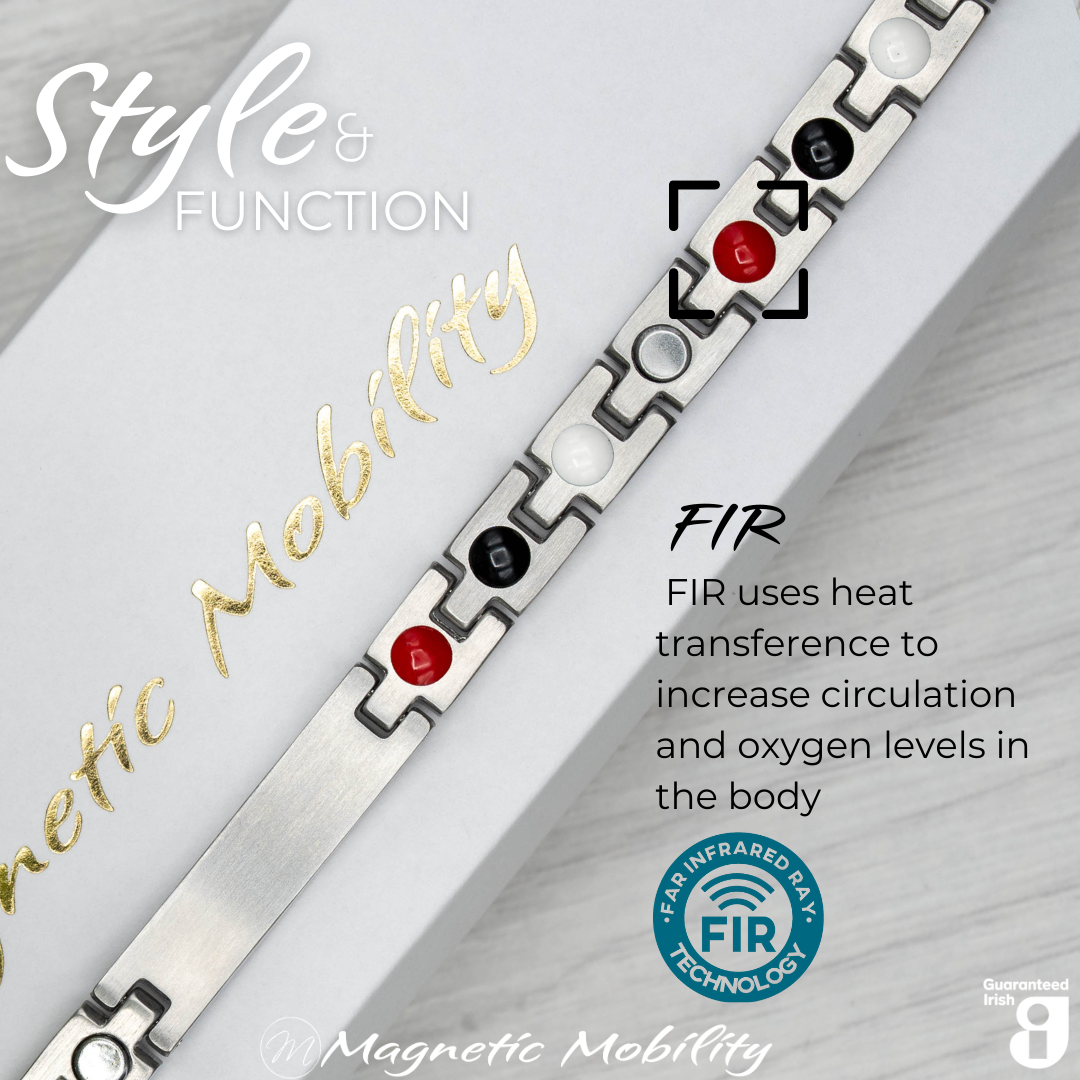 Honesty Star 4in1 magnetic bracelet from Magnetic Mobility, showcasing FIR technology which uses heat transference to increase circulation and oxygen levels in the body. Enhances overall wellness and pain relief.