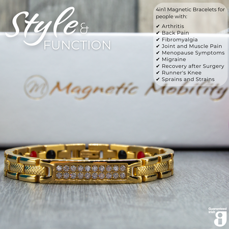 Front view of the central panel with sparkling crystals of the Honesty  Sun 4in1 Magnetic Bracelet from Magnetic Mobility in gold finish. Written on the image is "4in1 Magnetic Bracelets for people with : Arthritis, Back pain, Fibromyalgia, Joint and Muscle pain, Menopause symptoms, Migraine, Recovery after surgery, runners knee, sprains and strains".