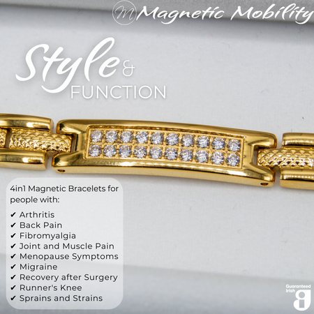 Top view of the Honesty Sun 4in1 magnetic bracelet by Magnetic Mobility, promoting arthritis, back pain, fibromyalgia relief with a stylish  gold design featuring a central panel with sparkling crystals. The bracelet is shown on top of a luxury white gift box.