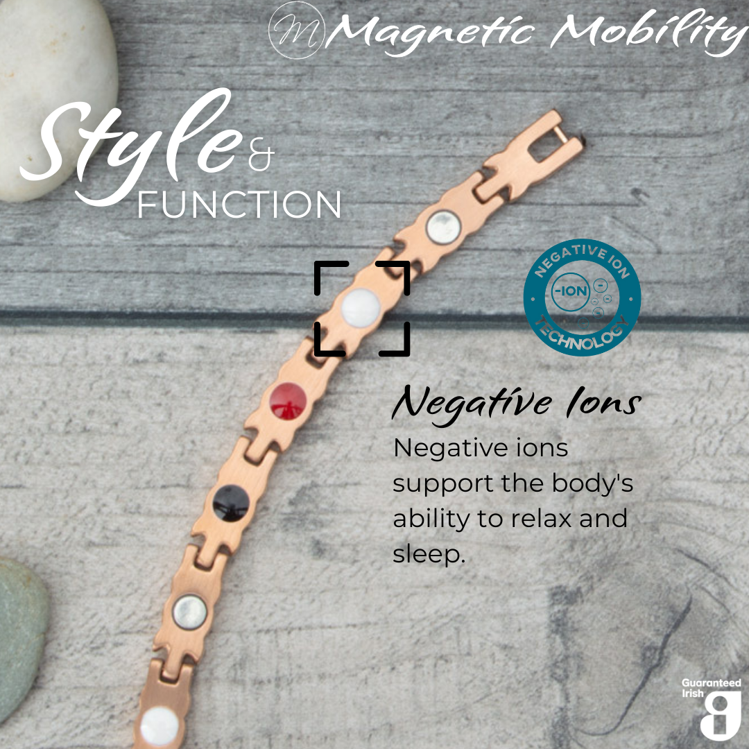 Meadowsweet Dawn 4in1 magnetic bracelet by Magnetic Mobility, highlighting the negative ions feature which supports the body's ability to relax and sleep. Ideal for reducing stress and promoting better health.