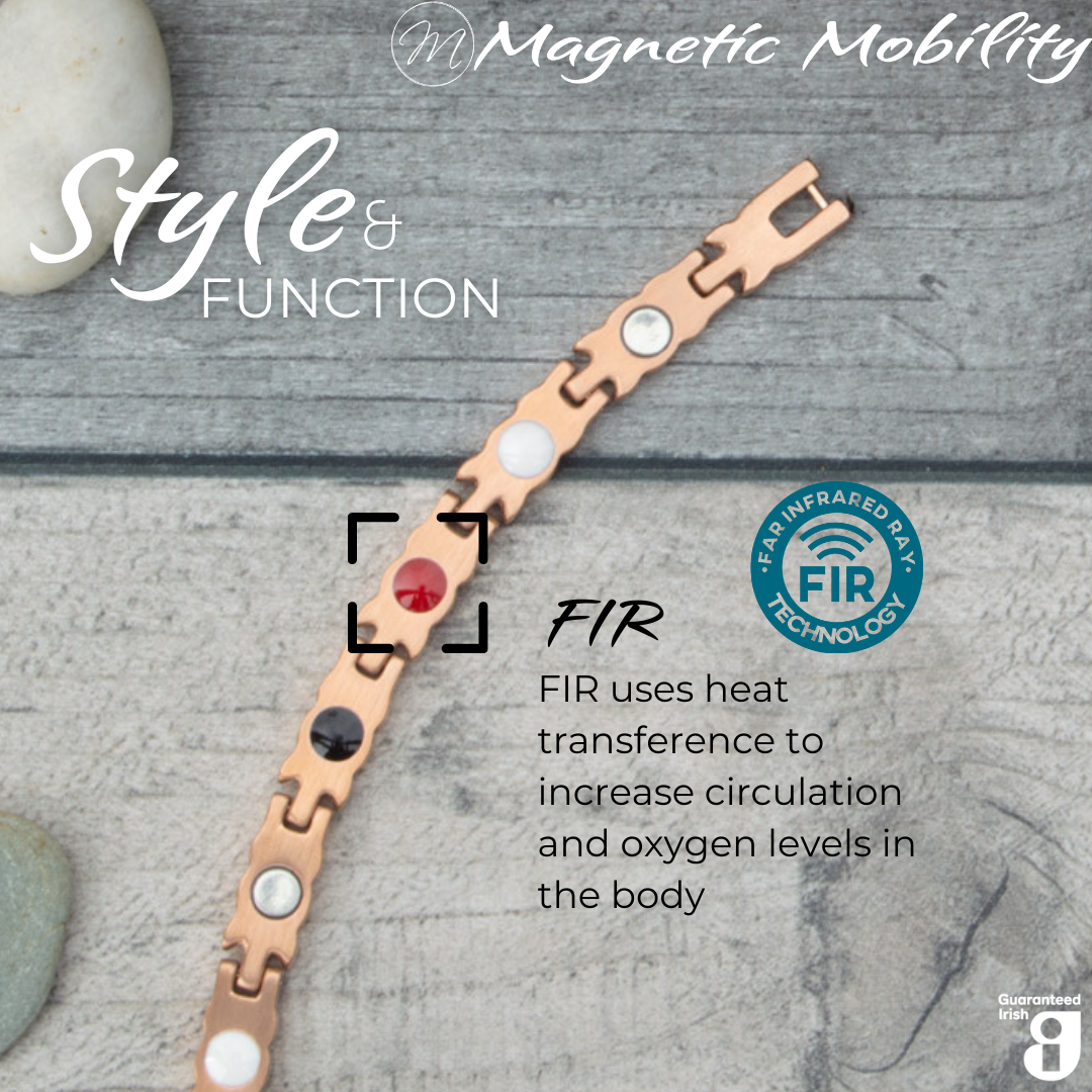 Meadowsweet Dawn 4in1 magnetic bracelet from Magnetic Mobility, showcasing FIR technology which uses heat transference to increase circulation and oxygen levels in the body. Enhances overall wellness and pain relief.