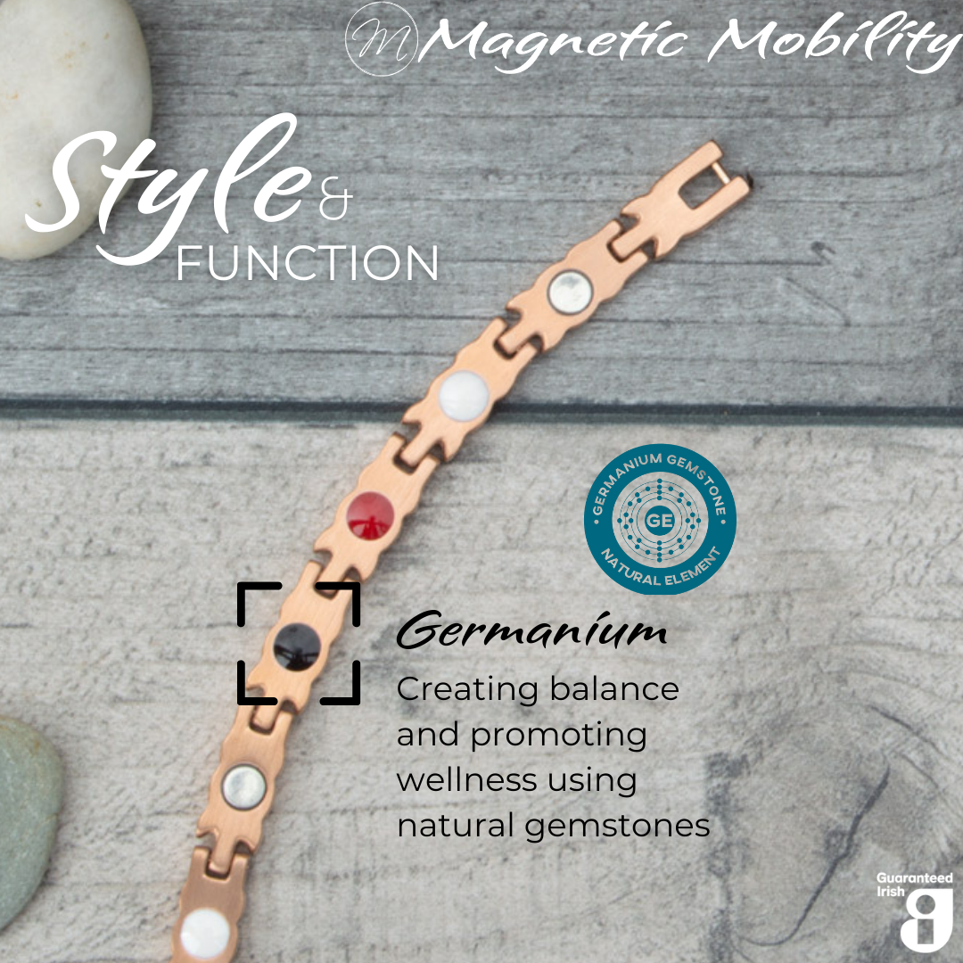 Meadowsweet Dawn 4in1 magnetic bracelet by Magnetic Mobility, featuring germanium elements that promote balance and wellness using natural gemstones. Ideal for enhancing health and relieving various ailments.