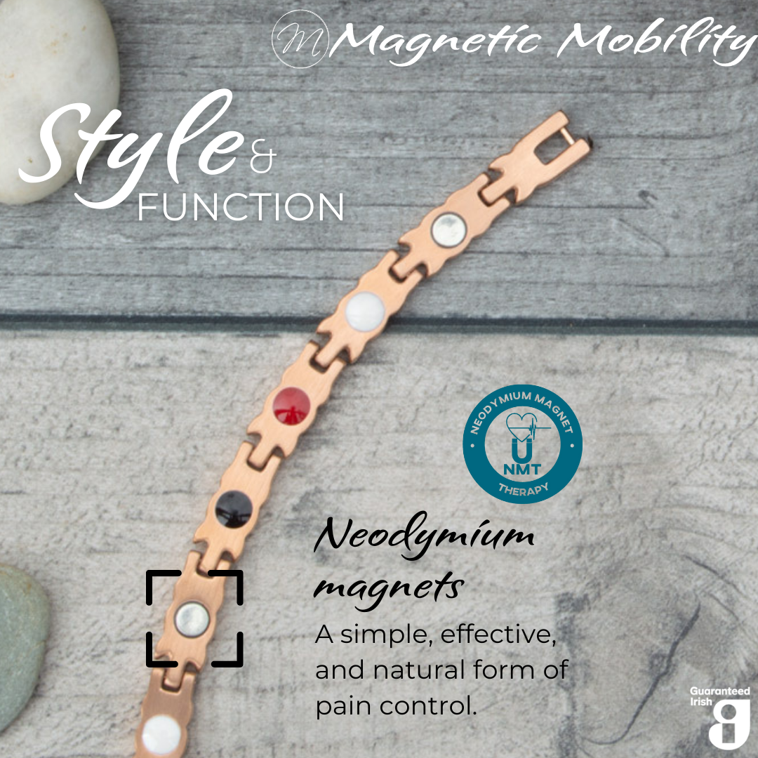 Meadowsweet Dawn 4in1 magnetic bracelet from Magnetic Mobility, highlighting neodymium magnets which offer a simple, effective, and natural form of pain control. Perfect for alleviating arthritis, back pain, fibromyalgia, and more.