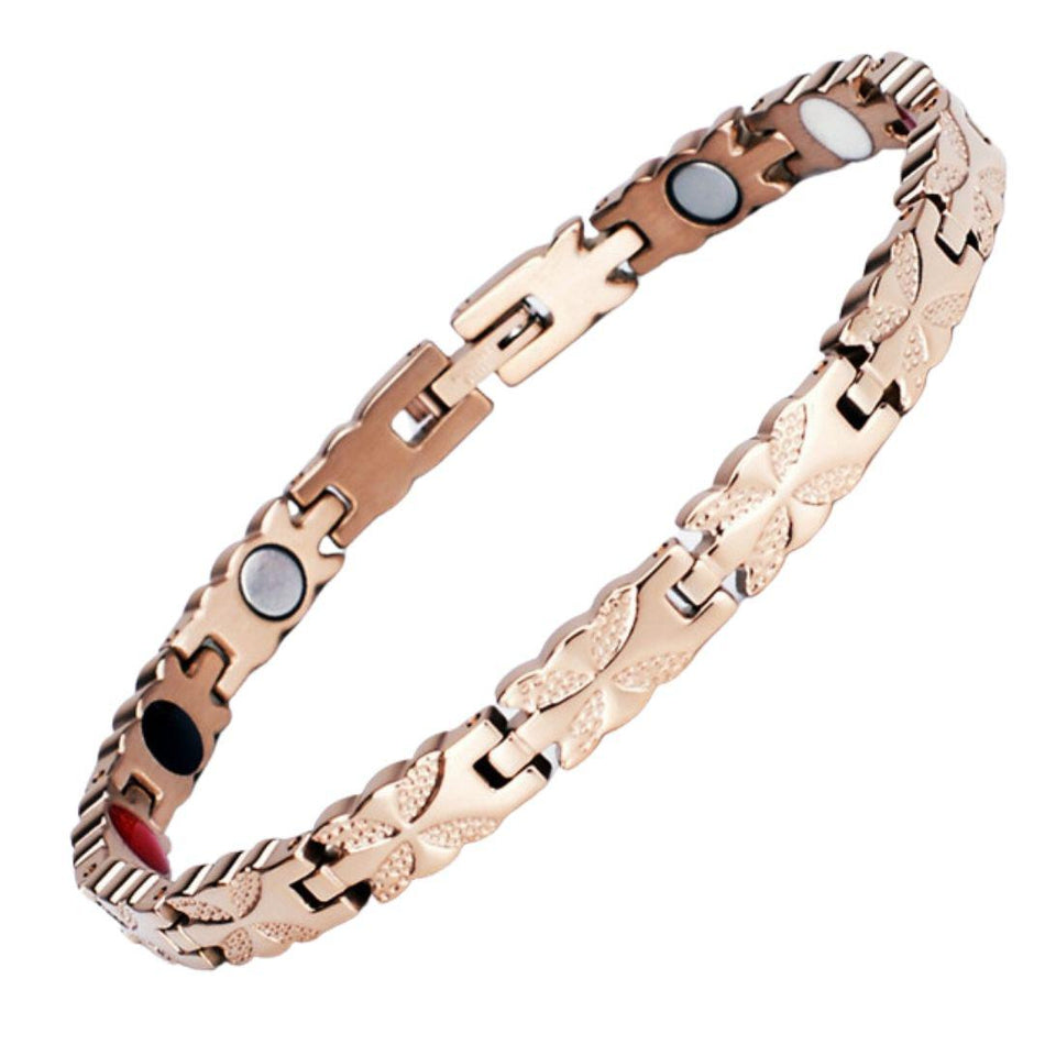 Meadowsweet Dawn 4in1 Magnetic Bracelet, rose gold coloured bracelet with butterfly designs, designed for pain relief, featuring various therapeutic elements