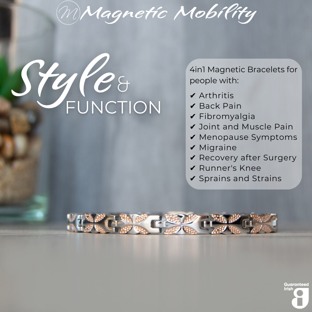 Front view of the Meadowsweet Dusk 4in1 magnetic bracelet by Magnetic Mobility, promoting arthritis, back pain, fibromyalgia relief with a stylish silver and rose gold butterfly design.