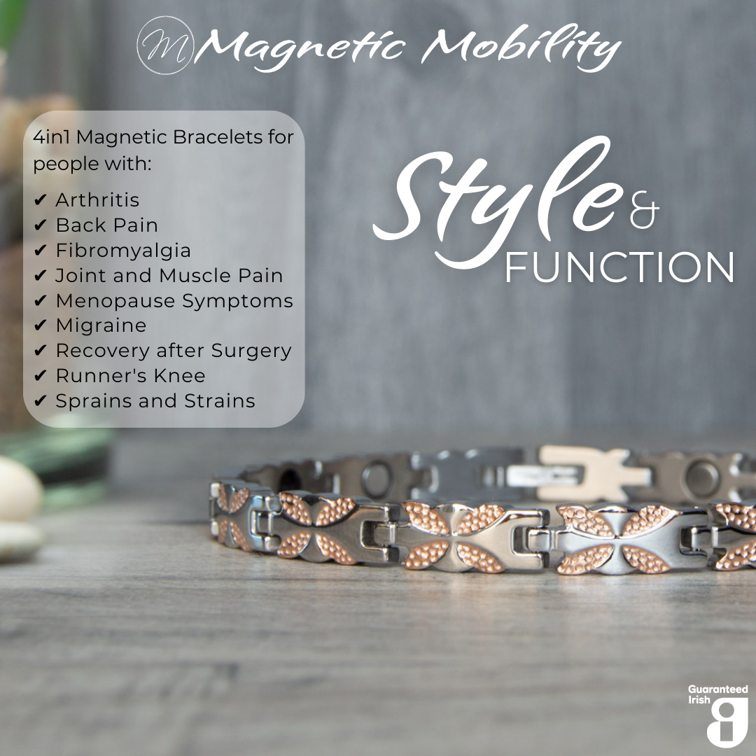 45 degree view of the Meadowsweet Dusk 4in1 magnetic bracelet by Magnetic Mobility, promoting arthritis, back pain, fibromyalgia relief with a stylish silver and rose gold butterfly design.