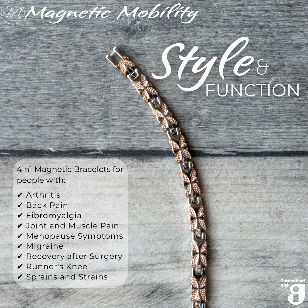 Top view of the Meadowsweet Dusk 4in1 magnetic bracelet by Magnetic Mobility, promoting arthritis, back pain, fibromyalgia relief with a stylish silver and rose gold butterfly design.