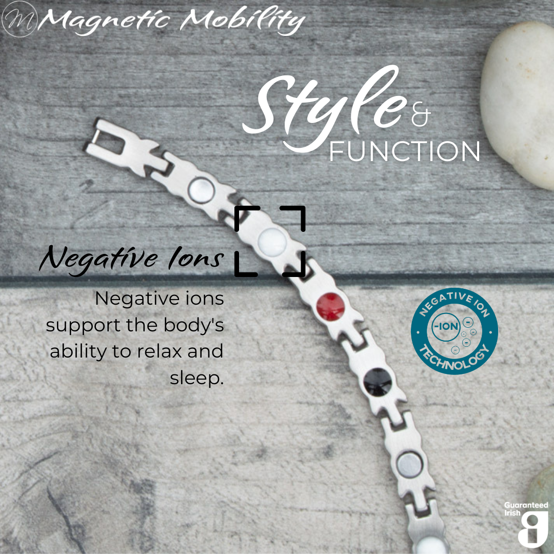 Meadowsweet Dusk 4in1 magnetic bracelet by Magnetic Mobility, highlighting the negative ions feature which supports the body's ability to relax and sleep. Ideal for reducing stress and promoting better health.