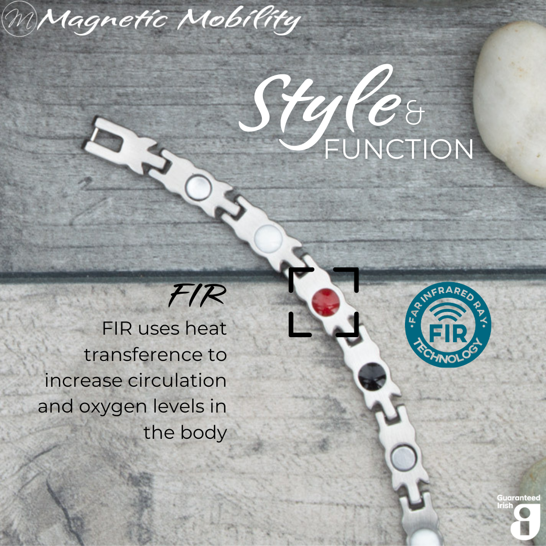 Meadowsweet Dusk 4in1 magnetic bracelet from Magnetic Mobility, showcasing FIR technology which uses heat transference to increase circulation and oxygen levels in the body. Enhances overall wellness and pain relief.