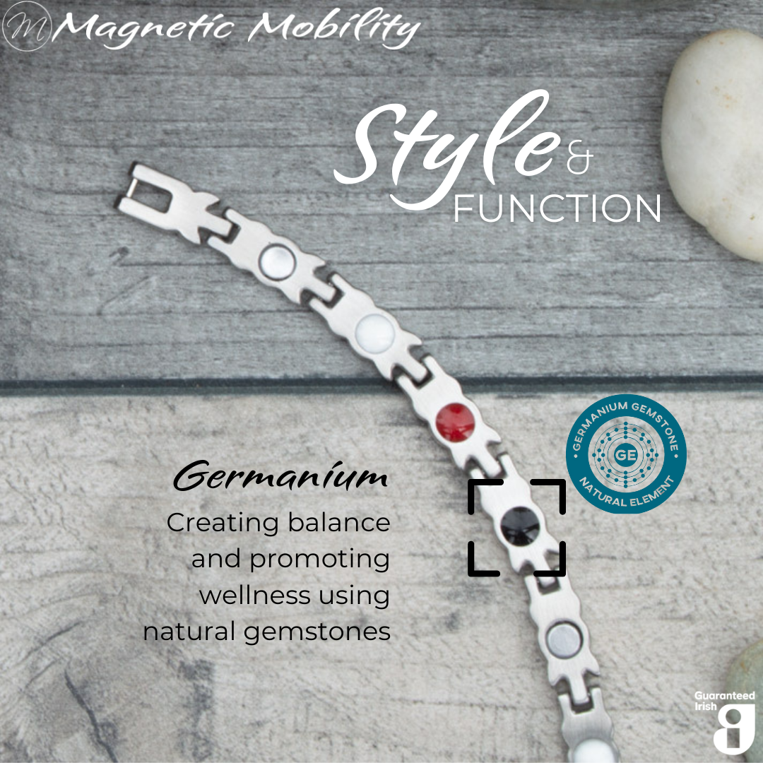 Meadowsweet Dusk 4in1 magnetic bracelet by Magnetic Mobility, featuring germanium elements that promote balance and wellness using natural gemstones. Ideal for enhancing health and relieving various ailments.