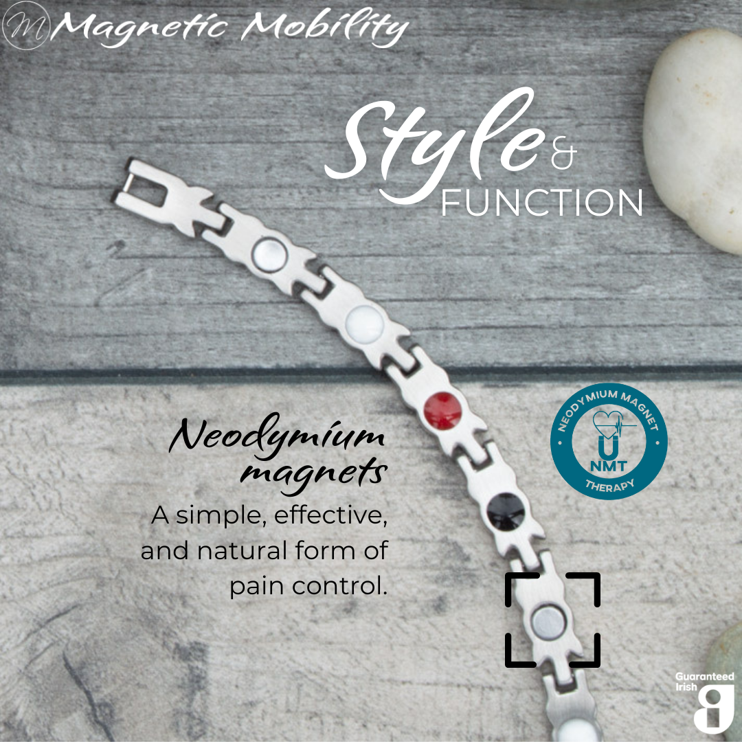 Meadowsweet Dusk 4in1 magnetic bracelet from Magnetic Mobility, highlighting neodymium magnets which offer a simple, effective, and natural form of pain control. Perfect for alleviating arthritis, back pain, fibromyalgia, and more.